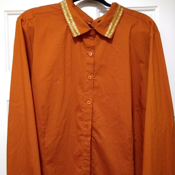 Ashley Stewart Tops - Bold & Gold Detailed, Burnt Orange Button Down Top